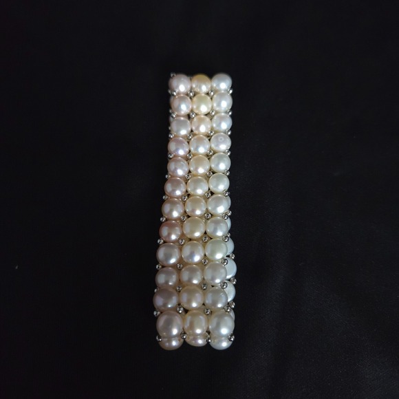 Three‎ Strand Freshwater Multi-Color Button Pearl Stretch Bracelet w/ Sterling - Picture 5 of 10